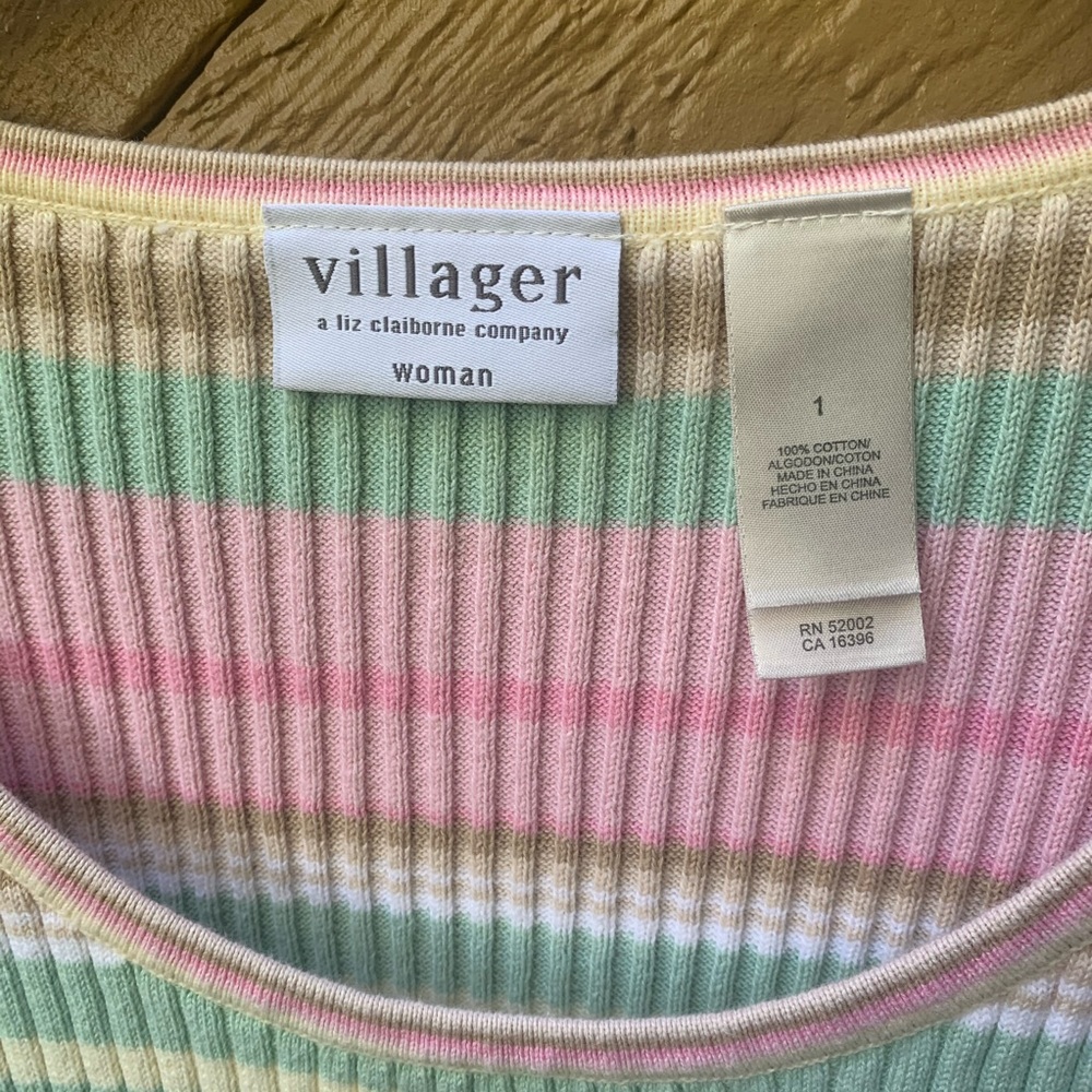 VINTAGE Liz Claiborne Sweater elbow sleeve Pastel Rainbow striped ribbed cotton - Picture 4 of 12